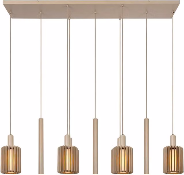 Lampadario a sospensione moderno Lucide LAMBRES con 6 luci, colore beige, in metallo e vetro, dimmabile, H: 140 cm, L: 35 cm, P: 50 cm