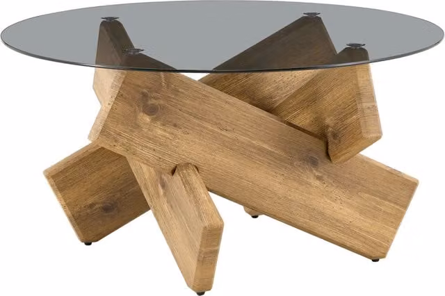 Tavolino rotondo REDOM in vetro temperato effetto legno marrone, Ø 79 cm, H 45 cm – 1