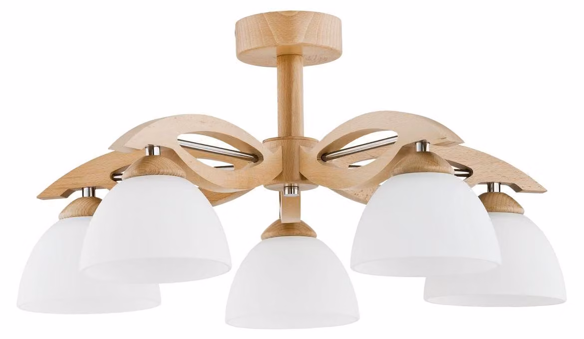 Lampada da soffitto EMIR in legno chiaro, bianco e cromato, 5xE27x15W, legno, dimensioni: 28,5x56x56 cm, IP20, Alfa