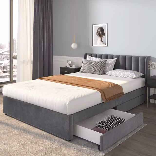 Letto imbottito con cassetti ¨C Minimal ¨C Grigio velluto 160x200cm con rete a doghe