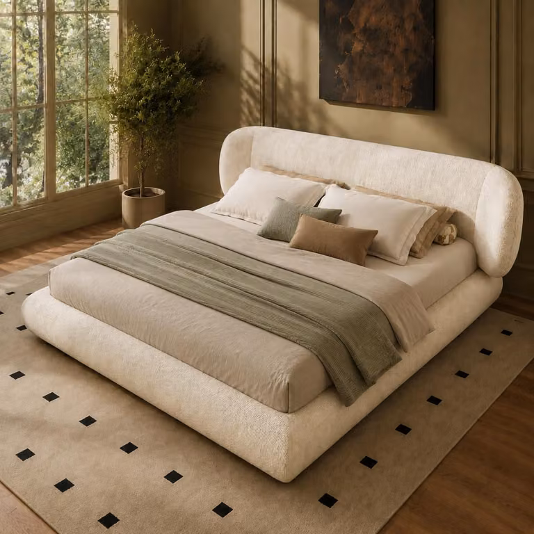 Letto matrimoniale MODFU 140x200, imbottito con rivestimento in velluto, struttura per letto a una piazza con testiera imbottita e rete a doghe, senza materasso, color beige