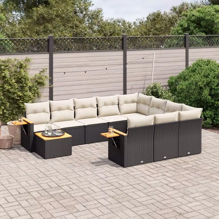 vidaXL Set Divani da Giardino 11 pz in Polyrattan Nero con Cuscini e Tavolino da Esterno