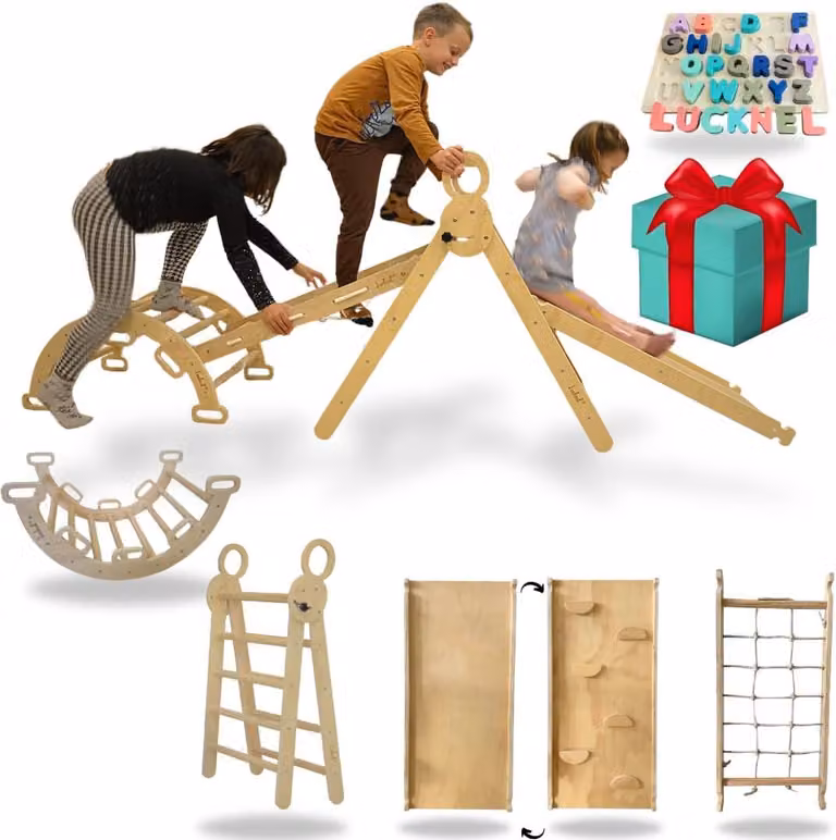 Struttura da gioco multifunzione 5-in-1 Montessori – Set per giochi indoor che include: triangolo Pikler, trave da arrampicata, rete da arrampicata e scivolo da interno con doppia pendenza – I