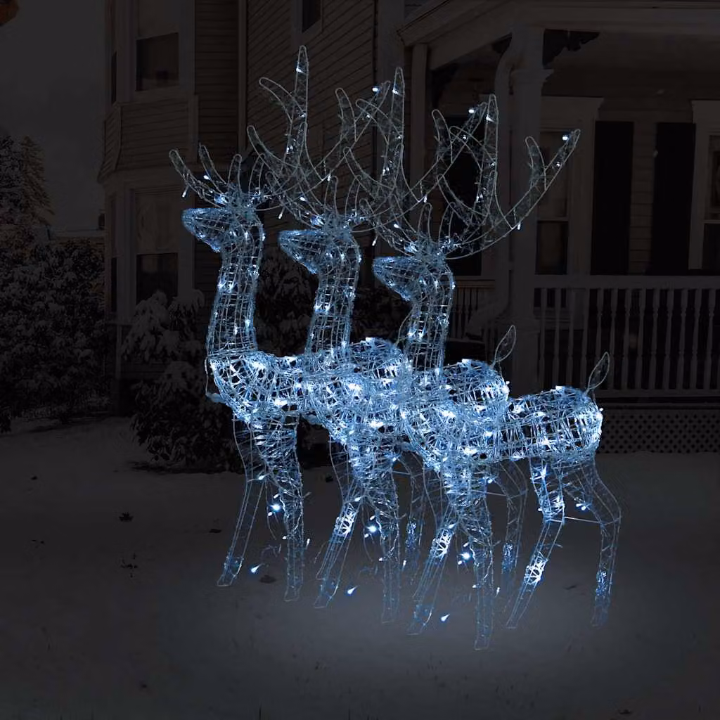 Set di 3 decorazioni natalizie con renne vidaXL in plastica bianca con illuminazione LED cool white, Altezza: 128 cm