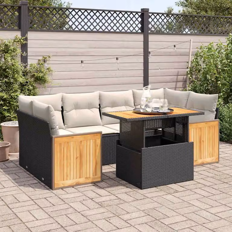 Maison Exclusive - Set Divani da Giardino con Cuscini 7pz Nero Polyrattan Acacia