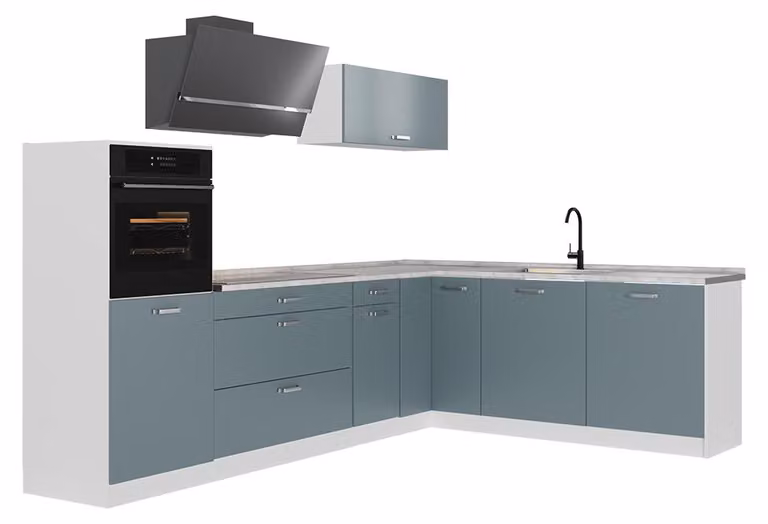 Cucina angolare completa Vicco R-Line Grigio-blu/Bianco 287 x cm piano di lavoro Marmo, Model 67539