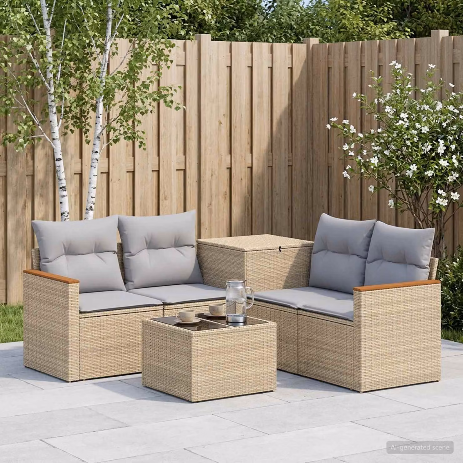 Set di divani da giardino vidaXL a forma di L in polyrattan con tavolo da caffè, 6 pezzi, Beige e Grigio