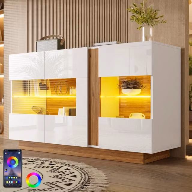 Madia moderna Mivray con 3 ante in acrilico e illuminazione LED regolabile, finitura lucida bianco e beige, L 140 x P 38 x H 80 cm