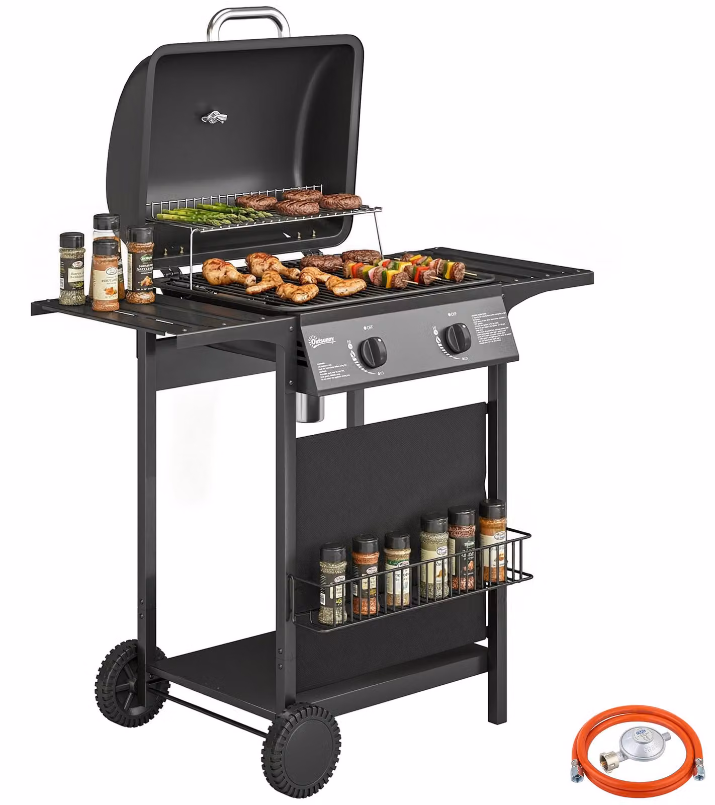 Barbecue a gas da 5 kW con 2 bruciatori, carrello in acciaio inossidabile, tavolino laterale, cestello inferiore, copertura frontale, termometro e griglia smaltata