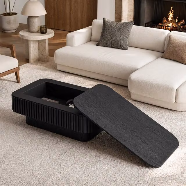 Tavolino da Caffè Rettangolare 98 cm in Legno Massiccio Impiallacciato Nero, Design Scanalato con Vano Portaoggetti Nascosto, Montaggio Facile in 5 Minuti