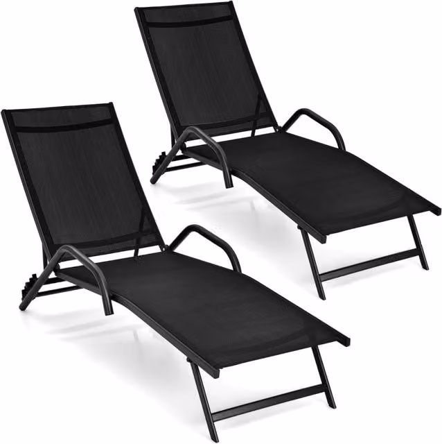 Set di 2 chaise longue da esterno con sedile traspirante, Sedie a sdraio reclinabili in 5 posizioni Nero