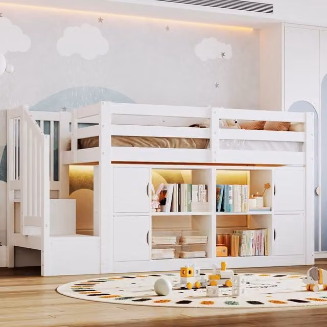 Letto a soppalco 90x200 cm con scala contenitore e LED in legno bianco