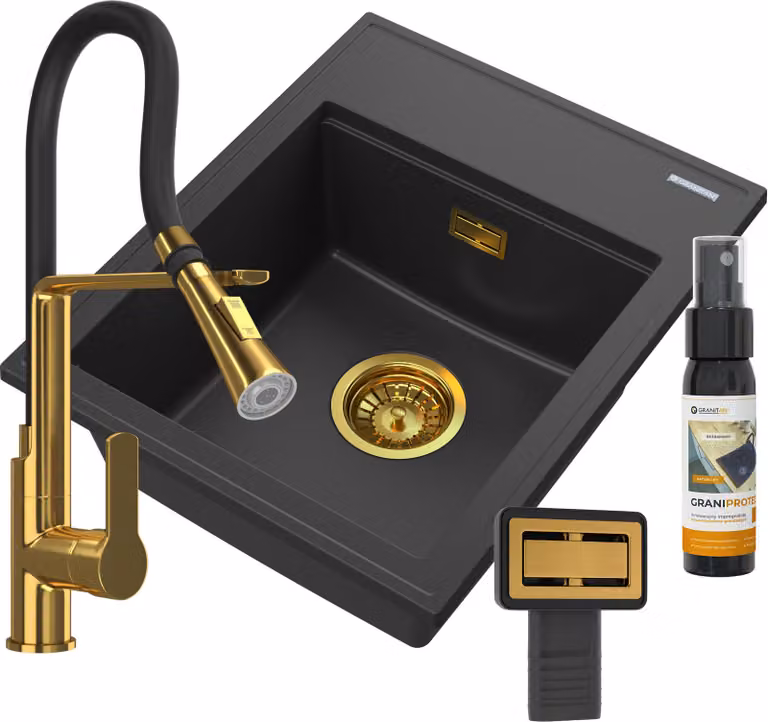 Granitan - Lavello in granito - Lavello da cucina - 50x40 cm - Nero - con rubinetteria VEGAS GOLD - Lavello - ALOR