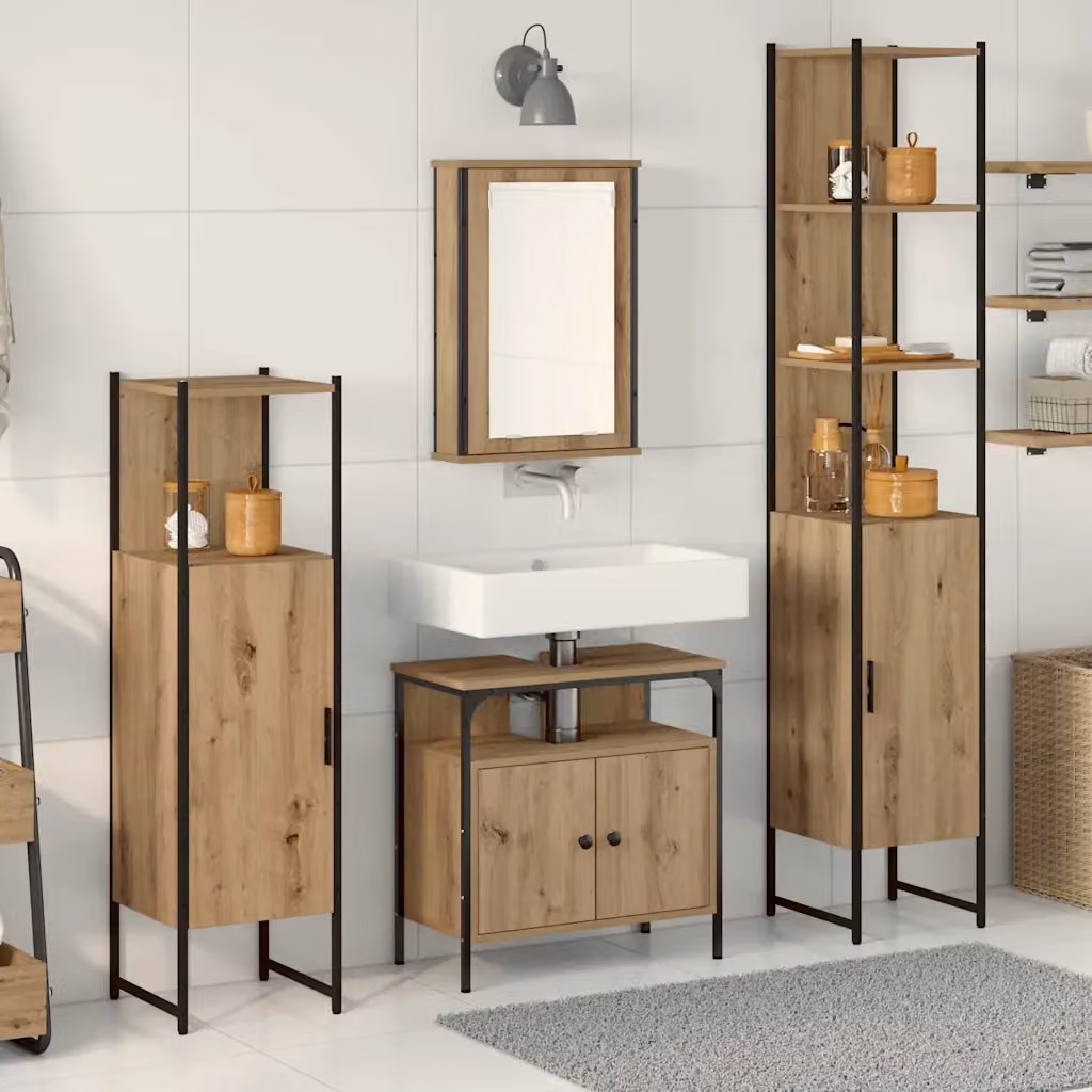 Set di mobili per il bagno moderno vidaXL composto da 4 pezzi in legno e metallo marrone e nero con armadietto a specchio, mobile lavabo e pensili a parete