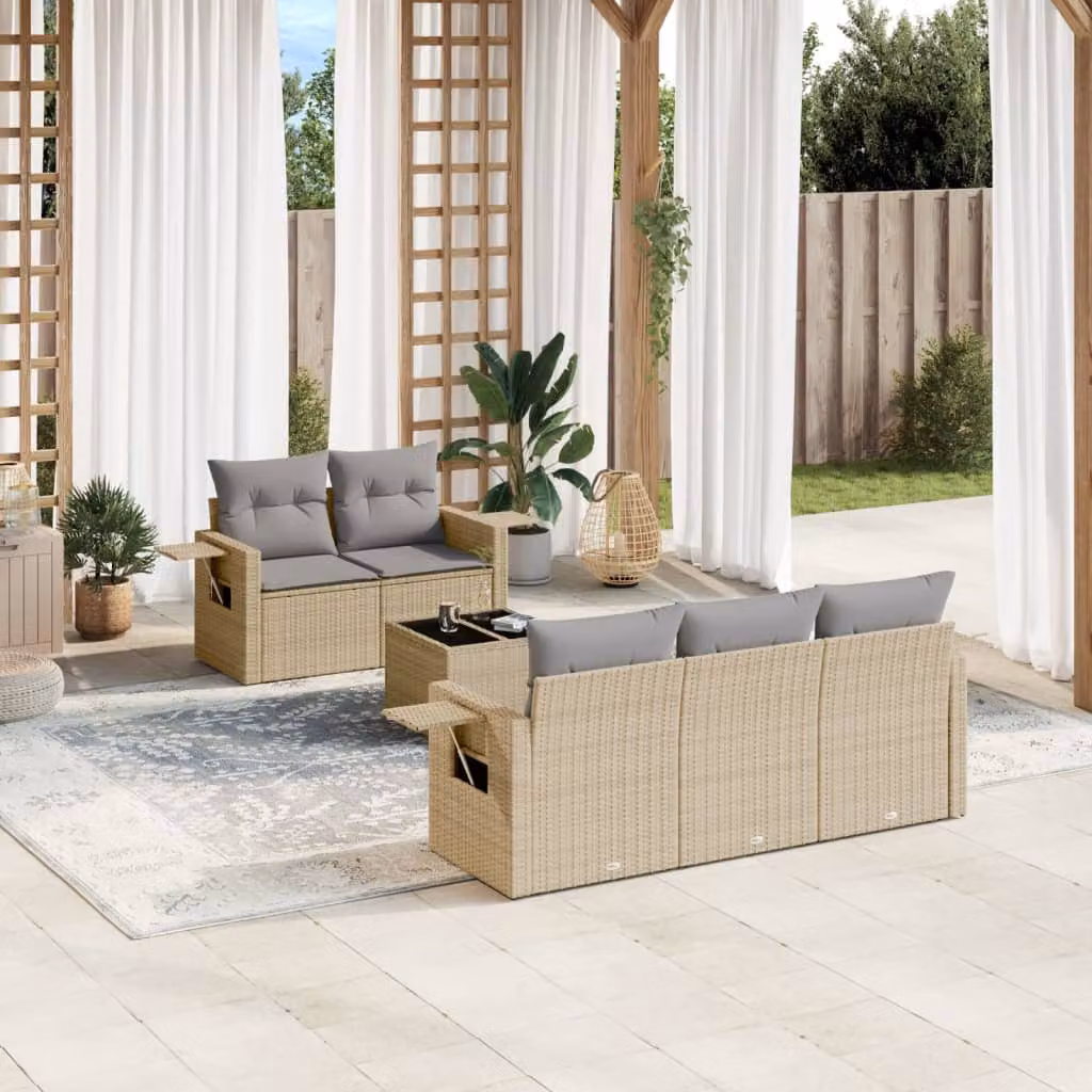 vidaXL Set Divano da Giardino 6 pz in Polyrattan con Cuscini Beige e Tavolino da Caffè Moderno – 1