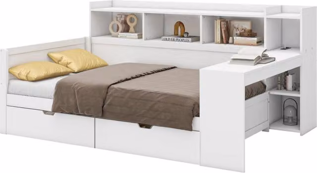 Letto singolo bianco con scrivania, 2 cassetti e porta USB, in legno MDF, L/P: 90 x 200 cm