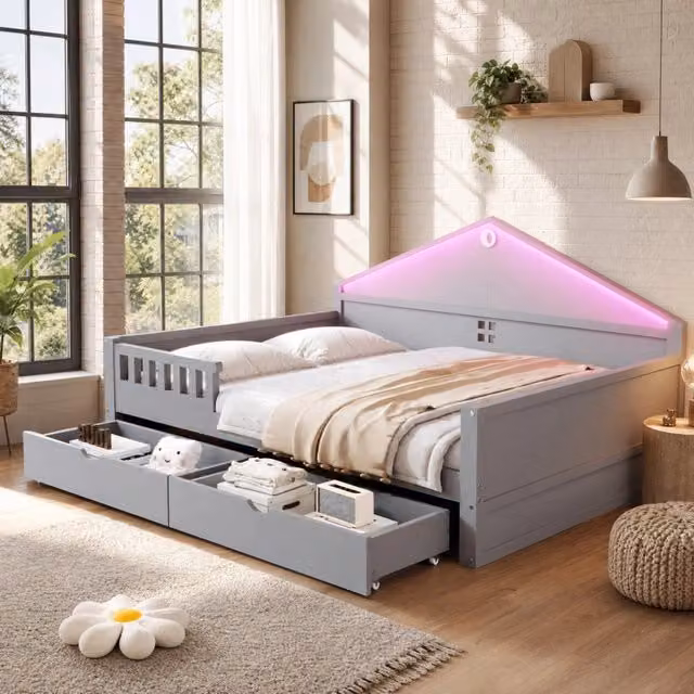 Letto REDOM moderno con illuminazione LED e 2 cassetti, grigio, in legno di pino e MDF, L/P/H: 140 x 200 x 89 cm