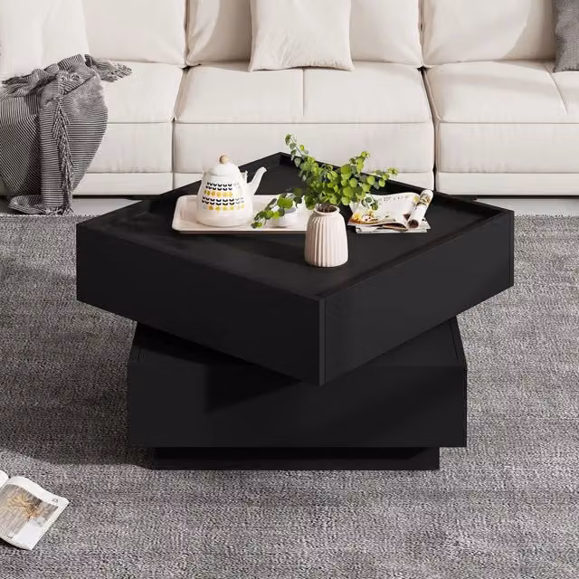Tavolino basso MIVRAY nero con piano girevole a 360° e 2 cassetti L/P/H: 60 x 60 x 38 cm