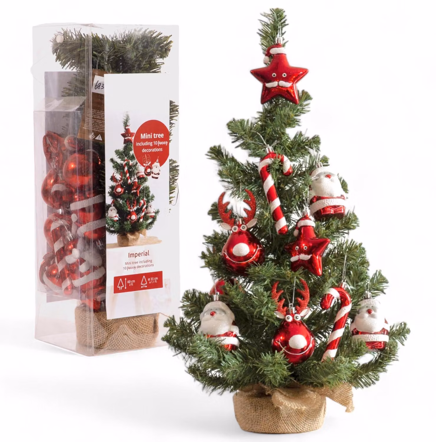 Decorazioni natalizie Boomdecoraties: Mini albero di Natale - 10 figure - Plastica infrangibile - Sacchetto di juta - Aghi realistici e morbidi - Diametro 35 cm, altezza 60 cm