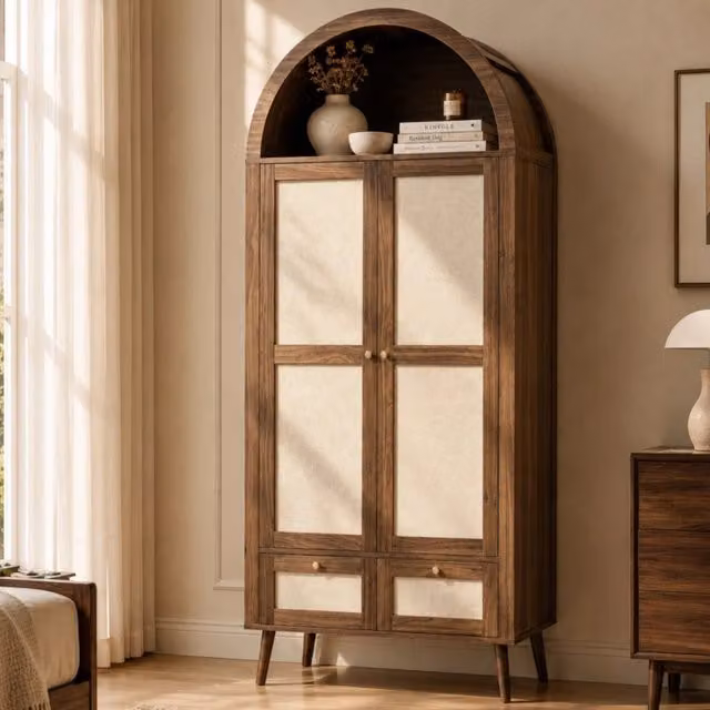 Armadio 2 ante e 2 cassetti; 180 cm; effetto noce e rattan beige; con asta appendiabiti e nicchia