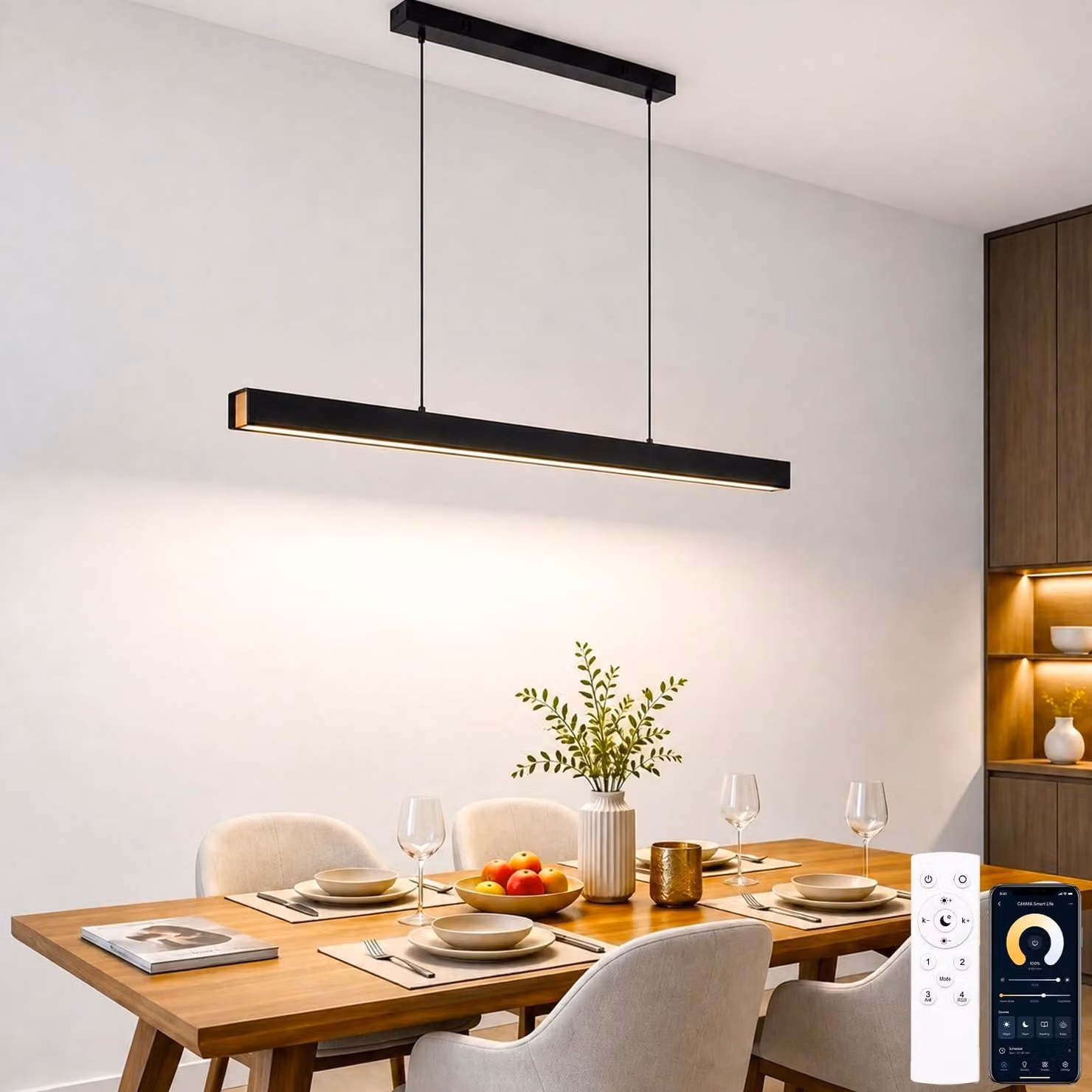 Lampada a sospensione a LED per tavolo da pranzo, con telecomando e controllo tramite app, finitura effetto legno, colore nero, diametro 80 cm