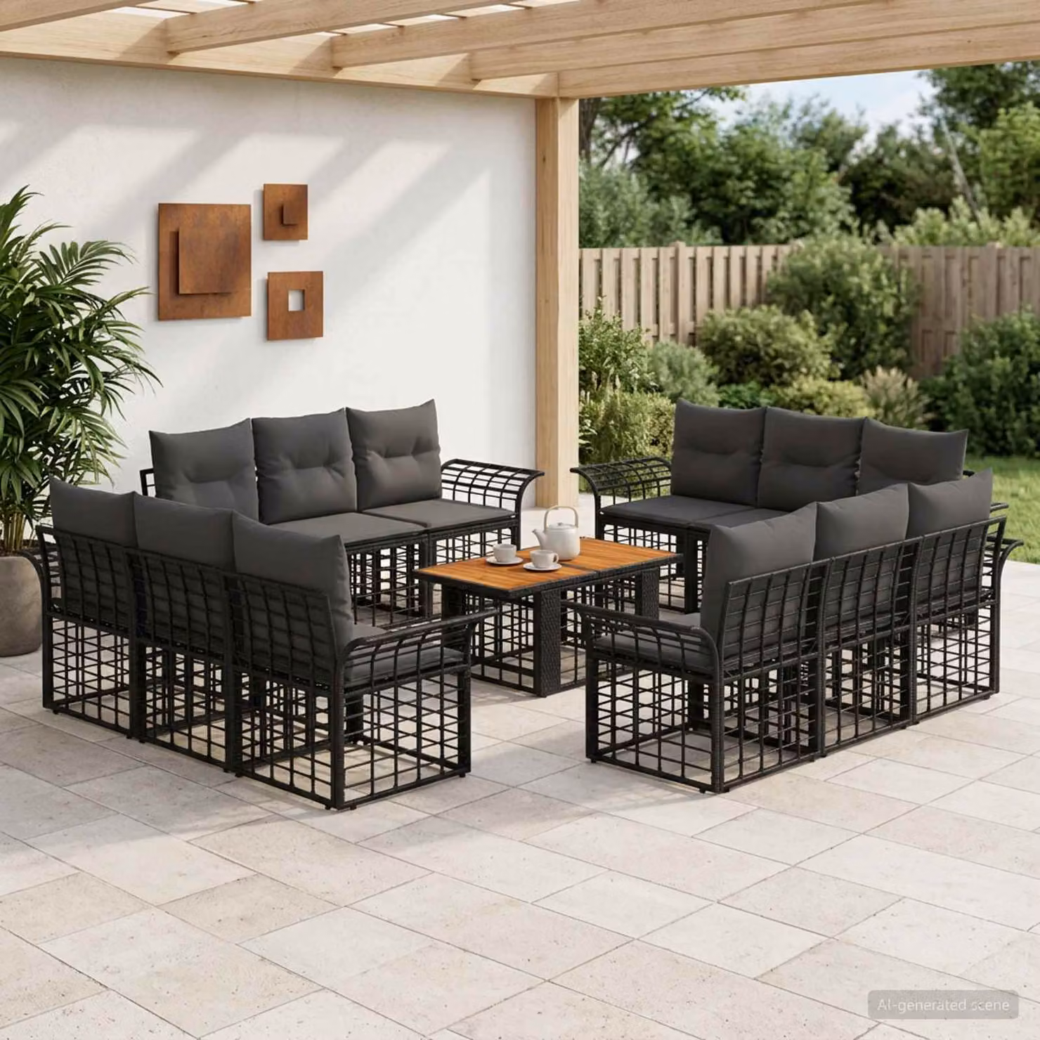 Set Divano da Giardino vidaXL 13 pz in Polyrattan Nero e Grigio con Cuscini e Tavolino da Esterno
