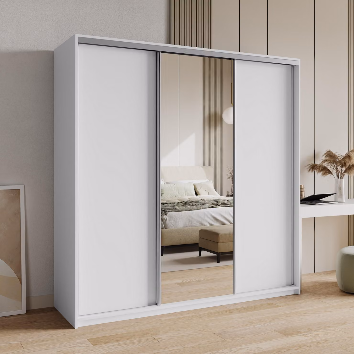 Armadio scorrevole Masseno TAVI 180/205/60 cm Armadio con 4 cassetti Armadio per camera da letto a 3 ante con specchio Bianco