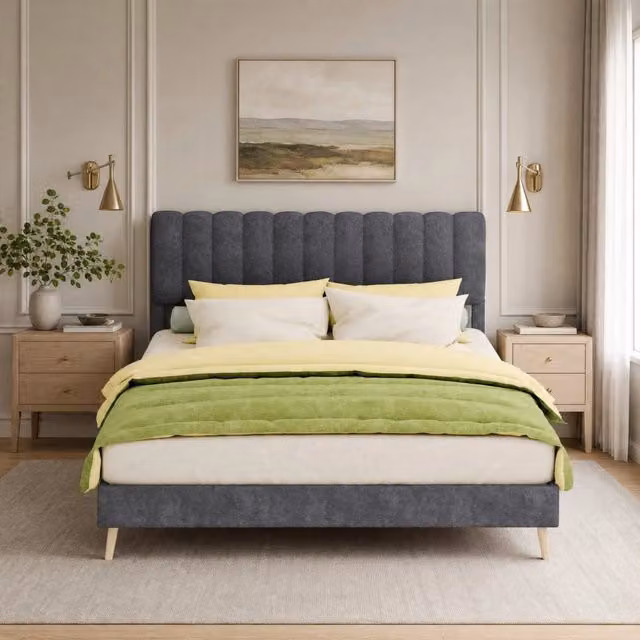 Letto imbottito 160x200 cm in tessuto e metallo, grigio