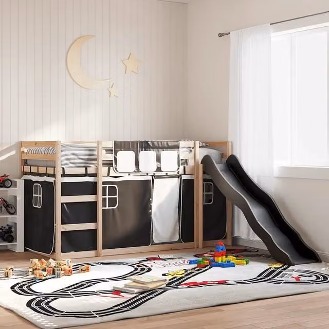 Letto a castello con scivolo e tende vidaXL in legno di pino per bambini Bianco, Nero e Antracite L/P/H: 200 x 80 x 113 cm – 1