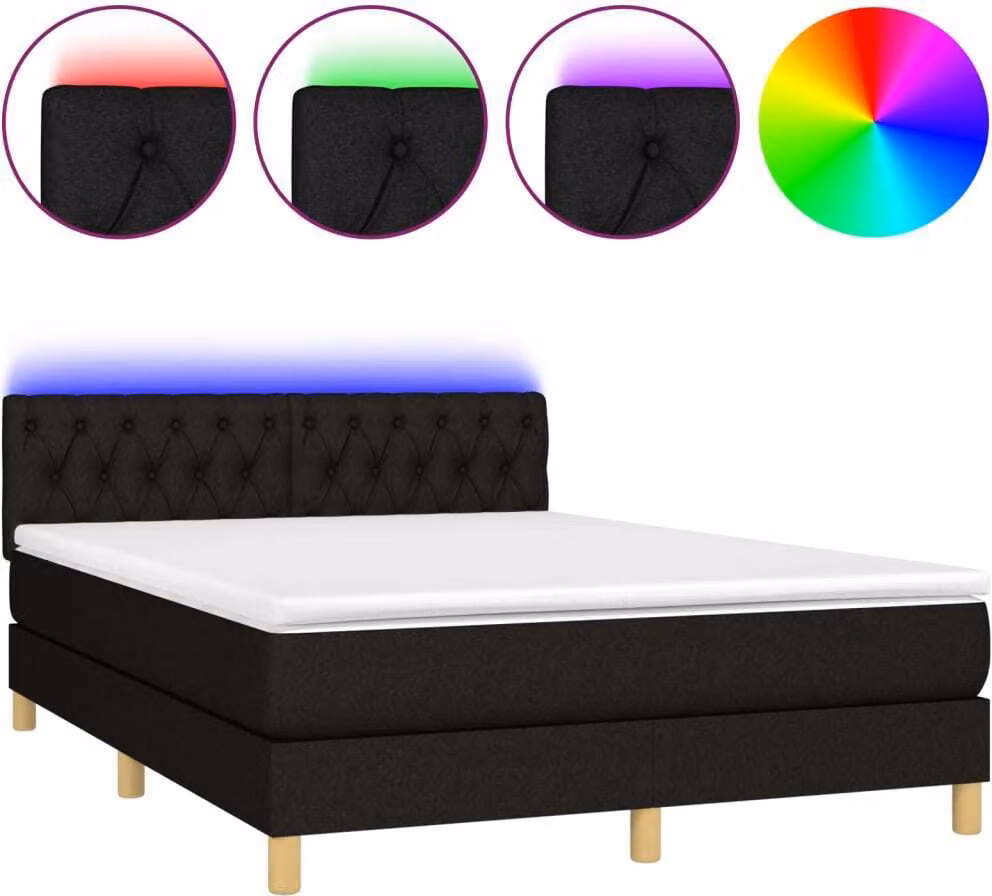Letto a Molle con Materasso e LED Nero 140x200 cm in Tessuto