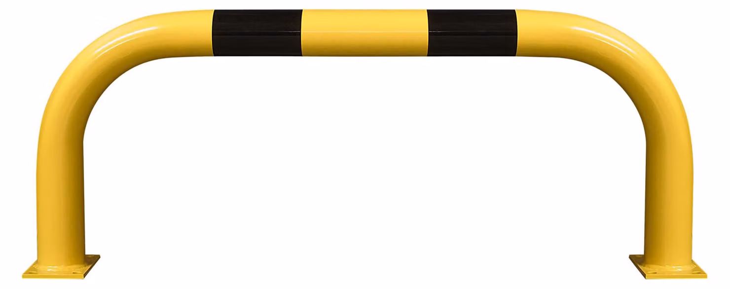Barra di protezione XL, tubo tondo 108/3,6 mm, curvata, LxA 1500x600 mm, per interni, rivestita in giallo, con strisce nere, da fissare con tasselli