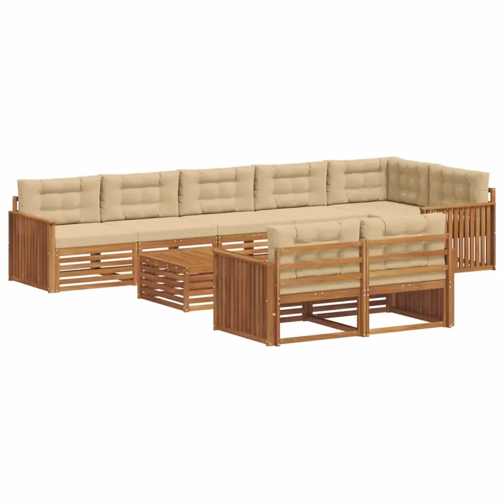 Set di divani da esterno vidaXL a forma di L con tavolino da caffè, in legno di acacia e tessuto beige, composto da 9 pezzi – 2