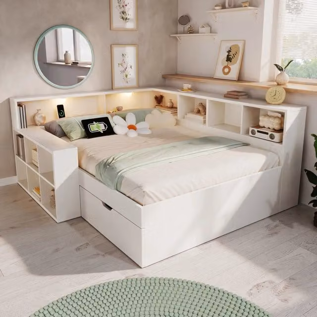 Letto in legno 140x190 cm con contenitori, luci da lettura e porte USB Type-C, bianco senza materasso