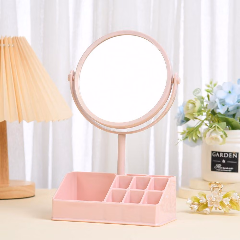 Specchio da trucco, a doppio lato, con ingrandimento 2x, dotato di contenitore portaoggetti, colore rosa