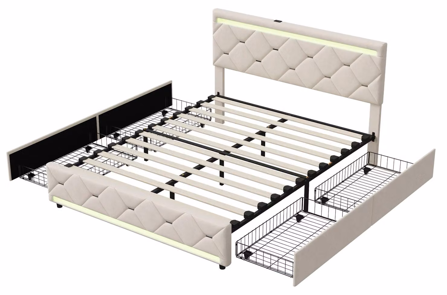 Letto imbottito 160x200 cm - 4 cassetti - Illuminazione LED - Spazio contenitivo - Rivestimento in velluto - Bianco panna