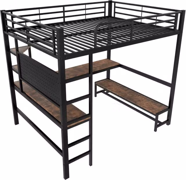 Letto a soppalco 140x200 cm in ferro nero con scrivania, scaletta, ripiani, presa USB-C e illuminazione LED