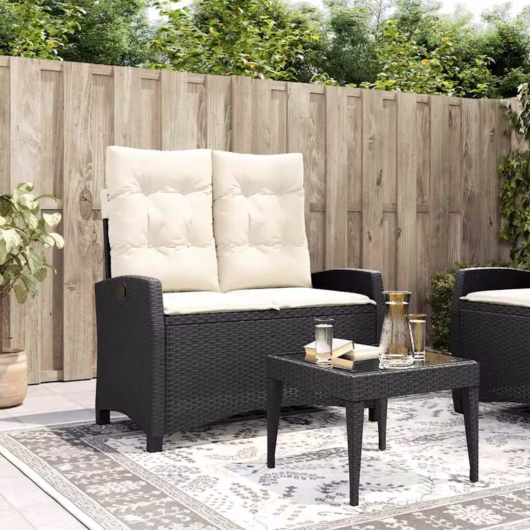 vidaXL Panca Reclinabile da Giardino in Polyrattan e Metallo con Cuscini Nera e Bianca