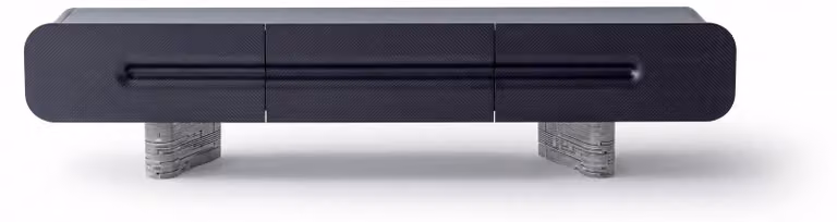 Mobile TV a basso design moderno, colore nero, aspetto pietra, elegante mobile laterale