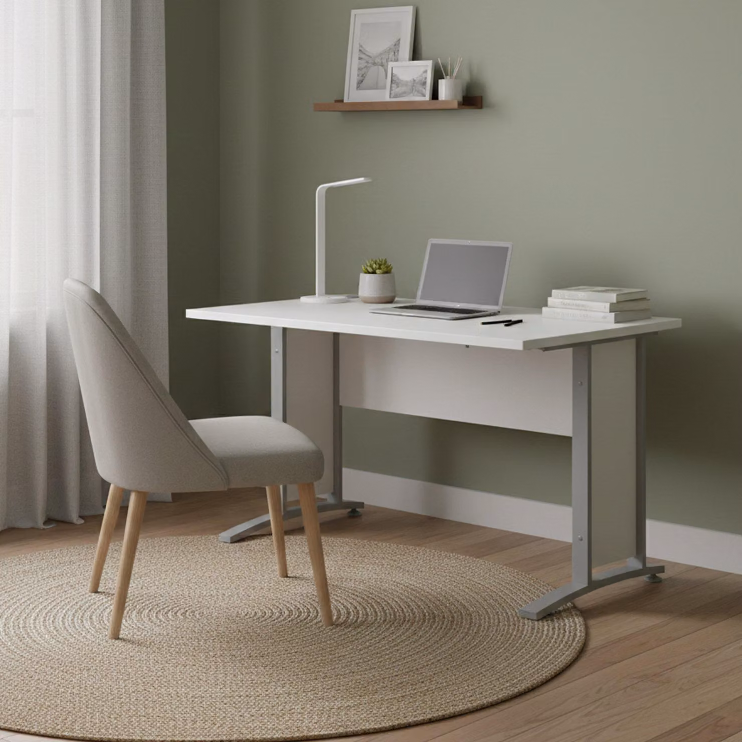 Dmora Scrivania Amigos 80x120x74.5h cm Bianco, Fori Passacavi Colore Struttura Grigio