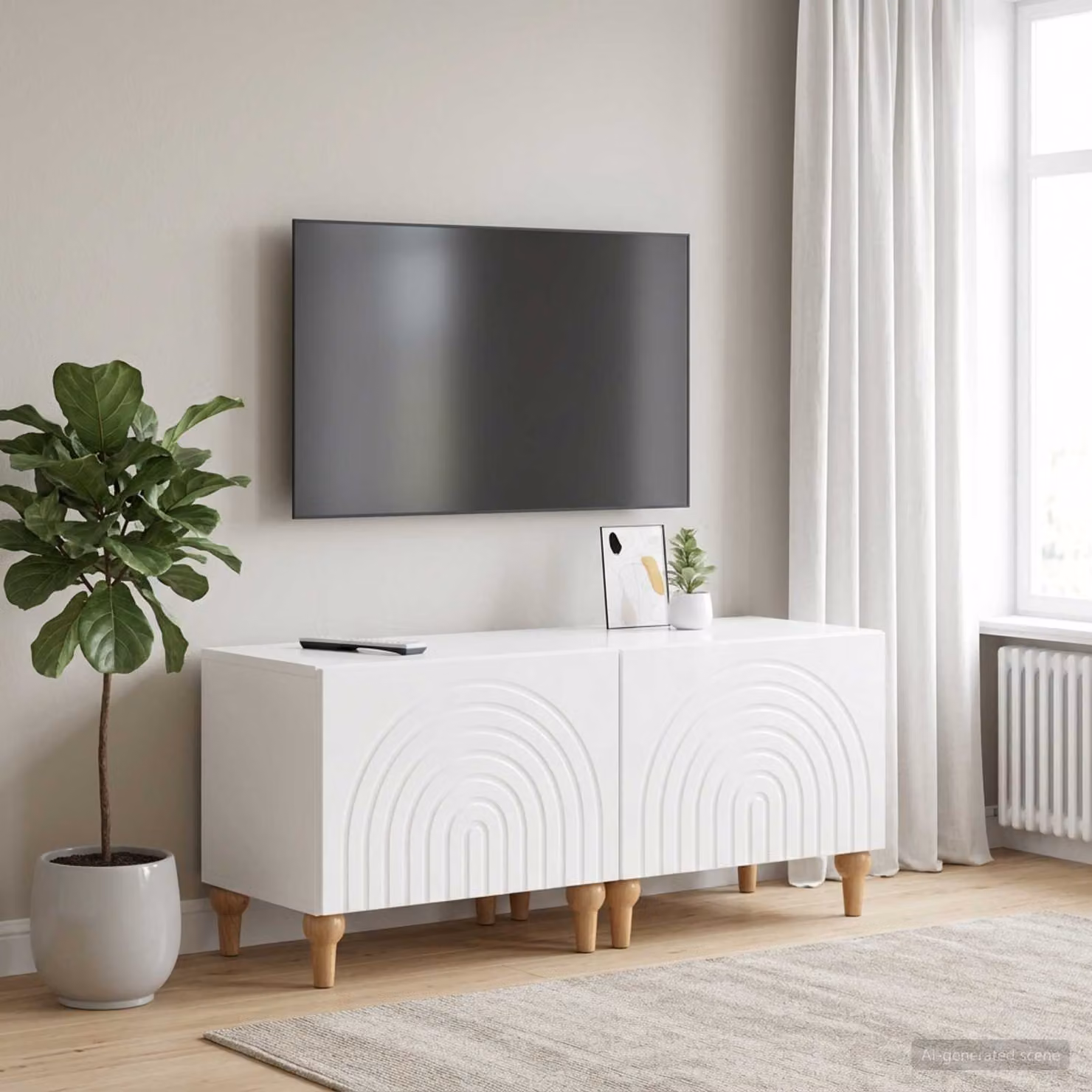 Mobile TV moderno vidaXL in legno MDF bianco lucido con scomparti multimediali L: 98 cm, P: 35 cm, H: 43 cm