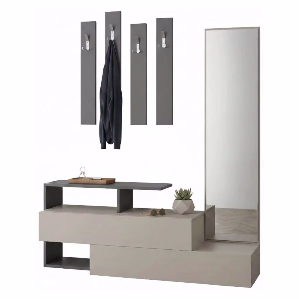 Mobile da ingresso Ascari DMORA, composizione multifunzione con appendiabiti e portaoggetti, L: 137 cm, P: 35 cm, H: 55 cm, Tortora e Antracite – 2