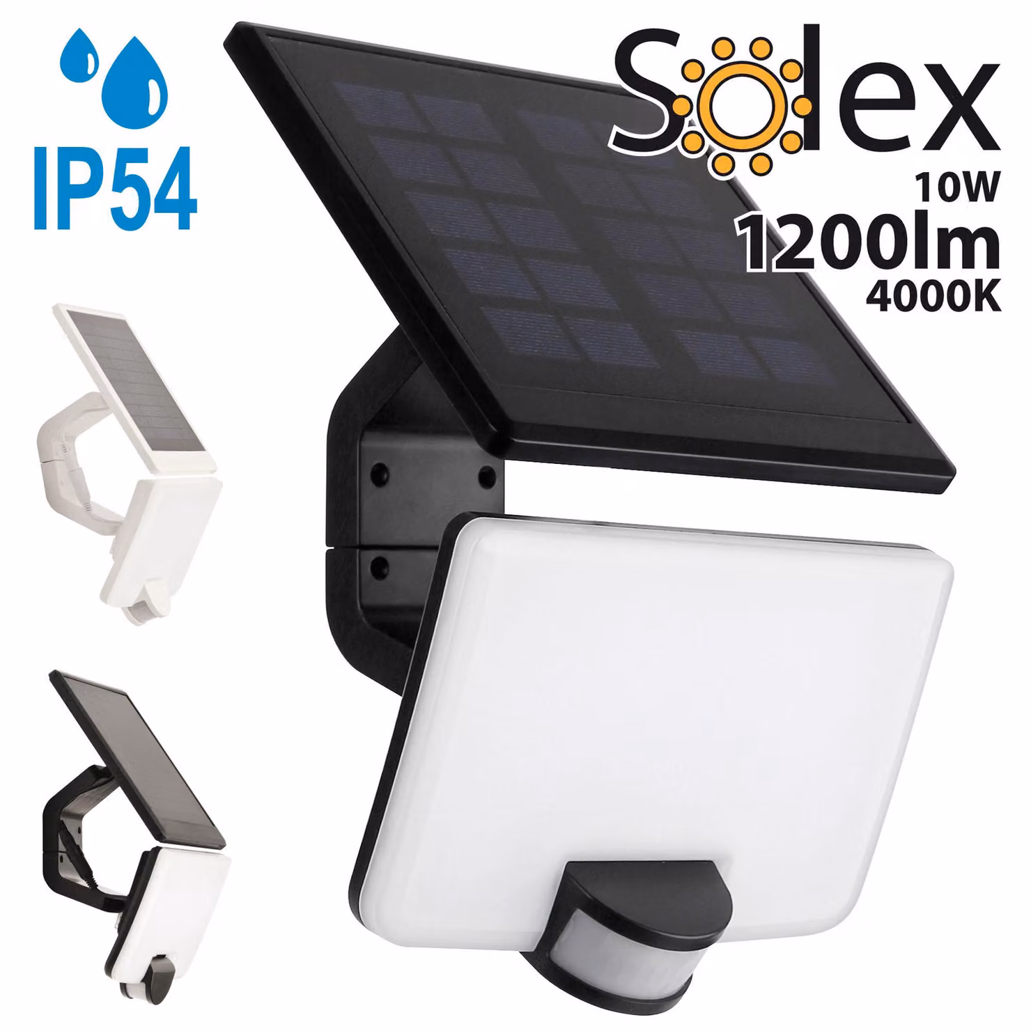 Proiettore solare LED Solex nero - 10W, rilevatore di movimento, 1200lm, bianco neutro 4000K