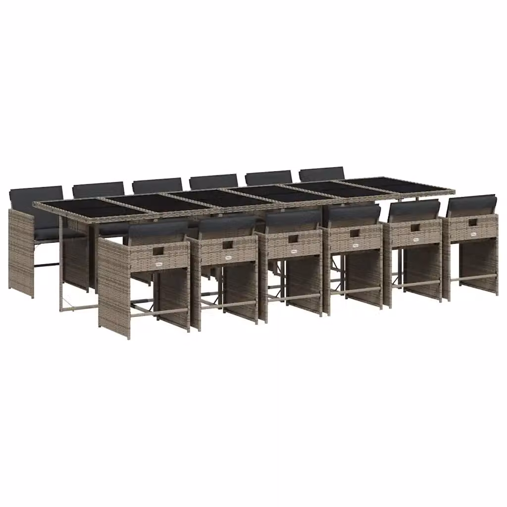Set da pranzo da giardino vidaXL in polyrattan con cuscini grigi e tavolo in vetro nero, 13 pezzi – 2