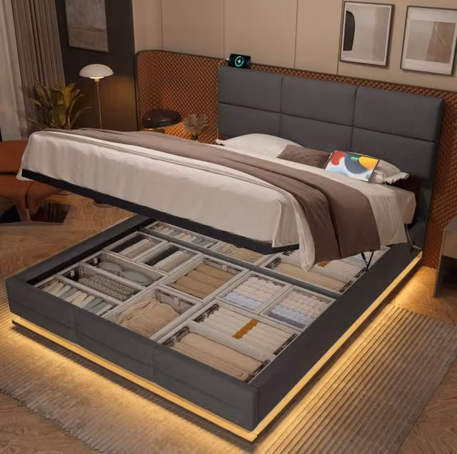 Letto matrimoniale 140x200 cm in velluto grigio scuro con testiera regolabile; LED e contenitore