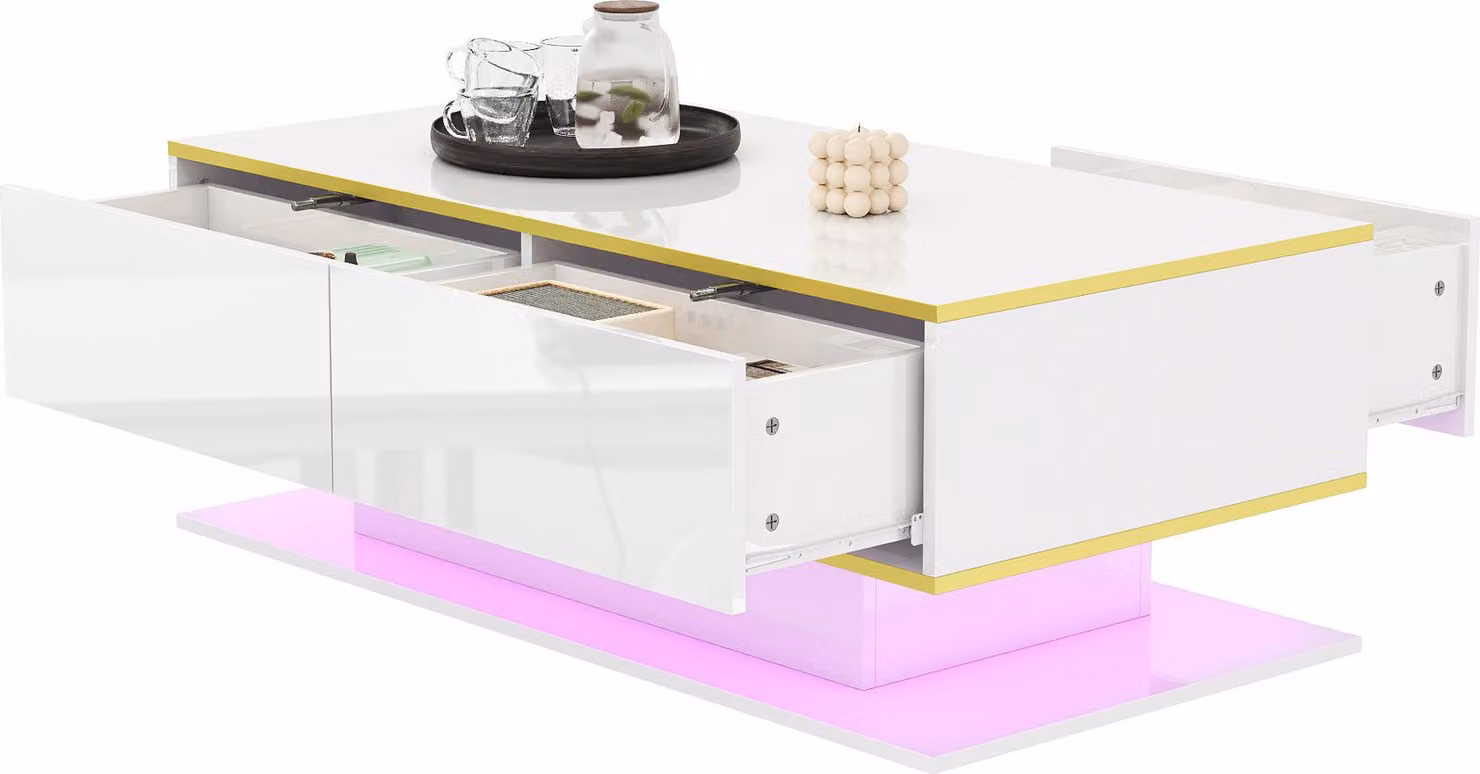 Tavolino Moonbite, finitura lucida, 100 x 50 cm, con 3 cassetti, modanature dorate, vano aperto, superficie lucida, ideale per il soggiorno, realizzato in pannello di particelle, colore bianco