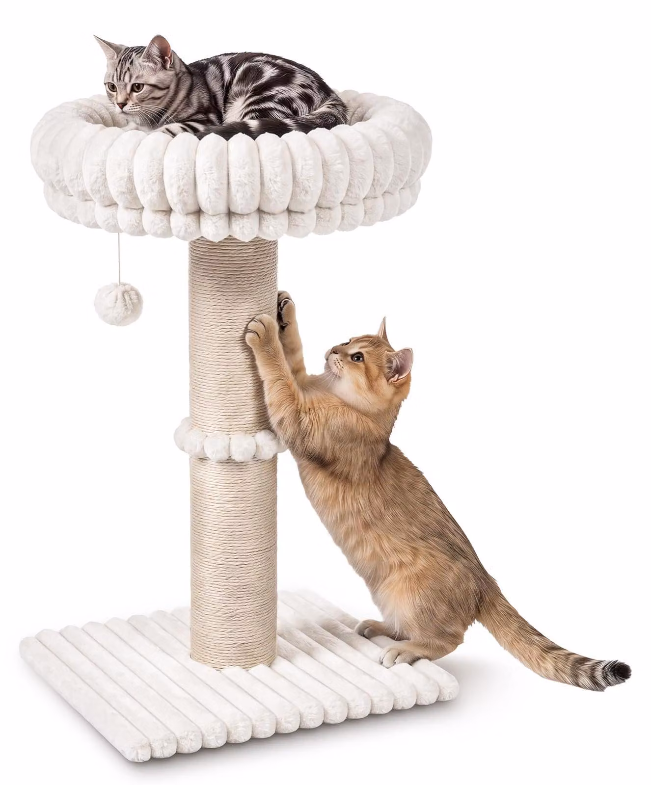 Albero per gatti con piattaforma e cuccia imbottita, in sisal, base antiscivolo, per gatti domestici, color crema