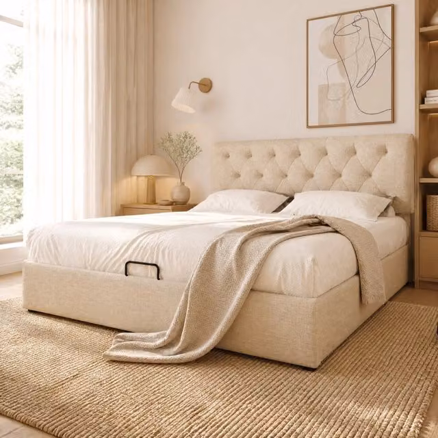 Letto Matrimoniale 140x200 cm con Testiera Regolabile, Rete a Doghe in Metallo e Contenitore, Struttura in Legno e Lino Naturale, Include Materasso a 7 Zone