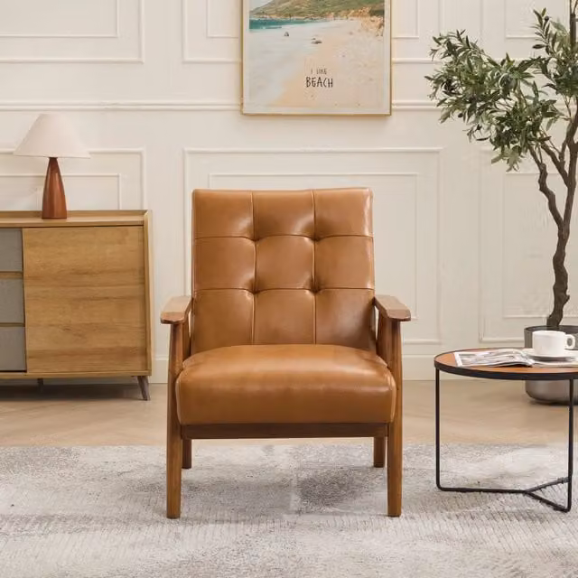 Poltrona lounge Mivray in stile mid-century con rivestimento in pelle marrone e struttura in legno massiccio con braccioli