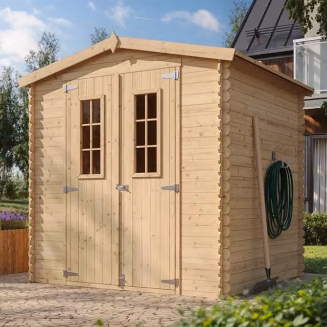 Casetta da giardino in legno Timbela M343C per esterni, colore grigio e beige, L: 216 cm, P: 206 cm, H: 218 cm