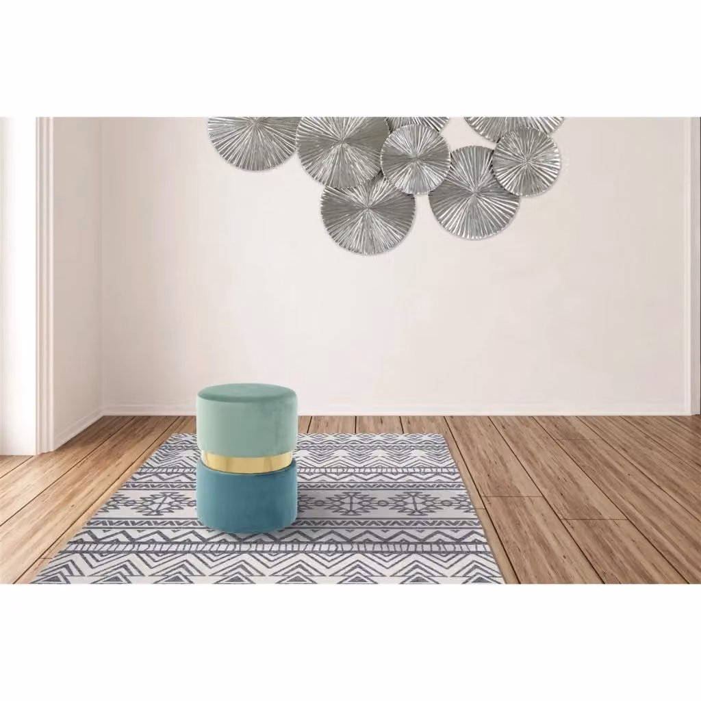 Sgabello Pouf Cilindrico Kendra Home in Velluto Verde Petrolio e Oro – 2